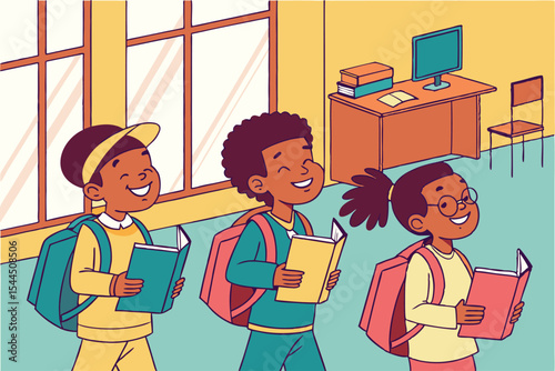 Happy Students with Backpacks in Colorful Classroom. Back to school Vector illustration.
