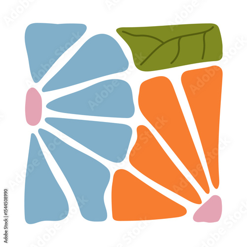 Abstract colorful floral design with blue and orange flower petals and green leaf. Hand-drawn modern botanical composition. Perfect for textile, crafts, digital art, wall decor, and print projects.