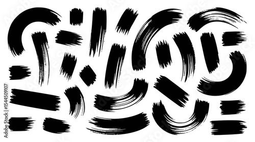 Black brushstrokes and abstract paint elements on a white background