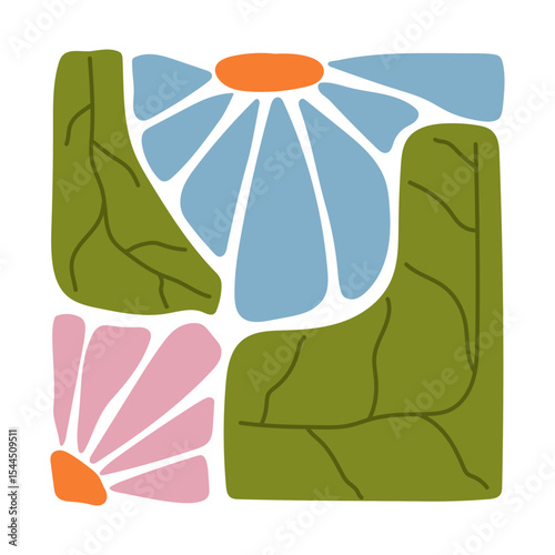 Hand-drawn colorful floral element in a decorative square frame with circular details. Abstract flower petals and leaf design. Perfect for scrapbooking, crafts, textile design, digital art, and decor.