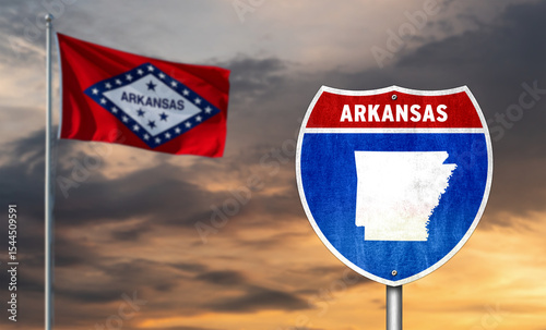 Interstate sign with flag of US State of Arkansas