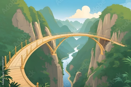 Vietnam bridge. Vietnamese touristic places, golden bridges in danang hands on ba na hills cartoon natural landscape, travel tourism asia popular landmarks neat vector illustration