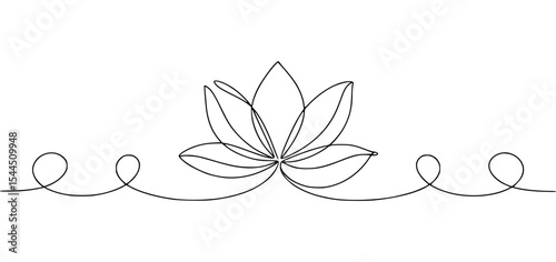 Elegant one line lotus flower design with decorative swirls on a clean white background