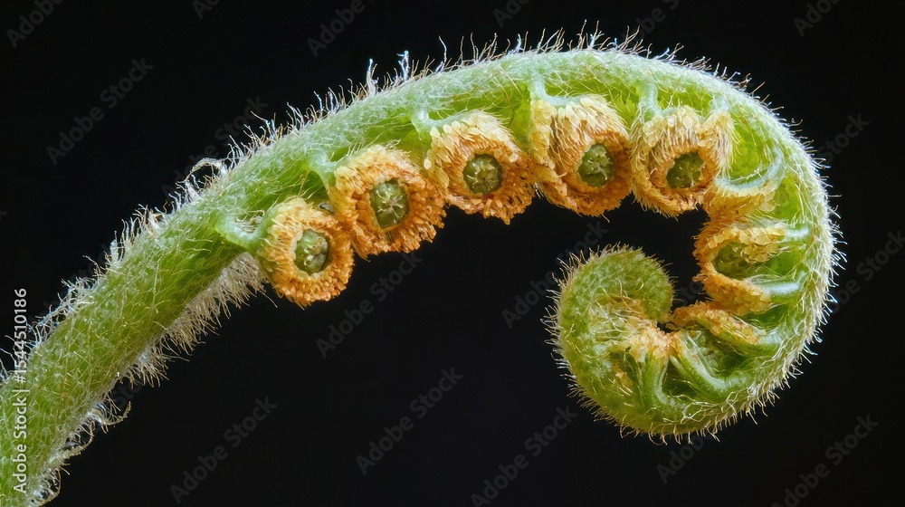 Fototapeta premium A green fern frond with a spiral pattern, against a black background.