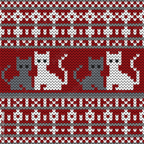 Pets, black and white cats on a red background in a seamless weave pattern.