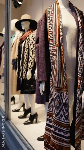 An Elegant Fashion Display Featuring Stylish Mannequins Showcasing Trendy Outfits and Accessories