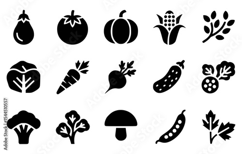 Vector illustrations of various healthy vegetables with simple black silhouette icons