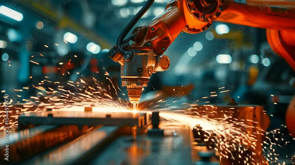 An industrial robotic arm performing precision welding with sparks ...