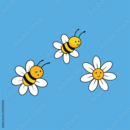 cartoon bees buzzing over flowers.eps