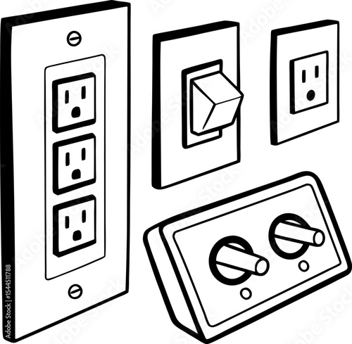Silhouette Vector of Electrical Outlets and Switches; Electric outlet and Switches icons set.