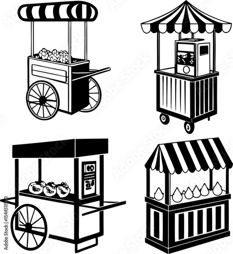 Street food cart silhouette vector illustration isolated on a white background; Road side merchant with food cart vector silhouette