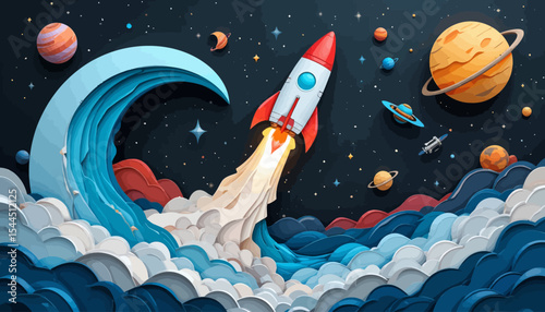 Colorful Cartoon Rocketship Soaring Through Space. A whimsical cartoon image features a rocketship with a smiling face, blasting off amidst colorful planets, stars, and clouds