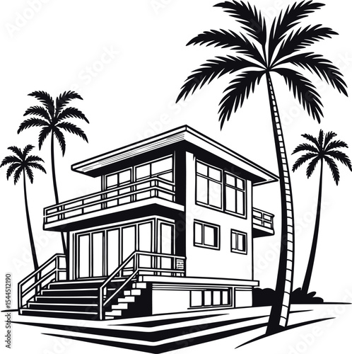 Flat design house silhouette; Beach House silhouette vector