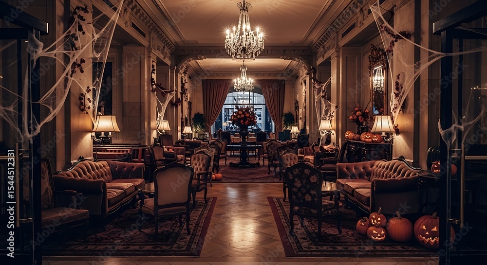 Naklejka premium Elegant hotel lobby adorned with Halloween decorations, featuring plush seating, ornate chandeliers, and spooky spiderwebs.
