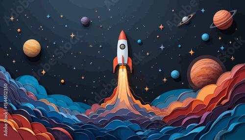 Colorful Cartoon Rocketship Soaring Through Space. A whimsical cartoon image features a rocketship with a smiling face, blasting off amidst colorful planets, stars, and clouds