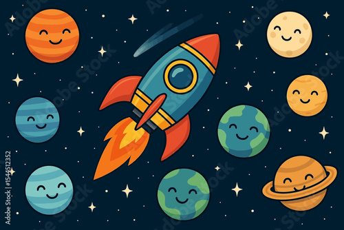 Colorful Cartoon Rocketship Soaring Through Space. A whimsical cartoon image features a rocketship with a smiling face, blasting off amidst colorful planets, stars, and clouds