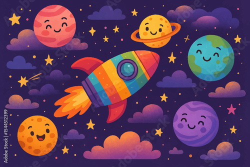 Colorful Cartoon Rocketship Soaring Through Space. A whimsical cartoon image features a rocketship with a smiling face, blasting off amidst colorful planets, stars, and clouds