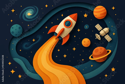 Colorful Cartoon Rocketship Soaring Through Space. A whimsical cartoon image features a rocketship with a smiling face, blasting off amidst colorful planets, stars, and clouds