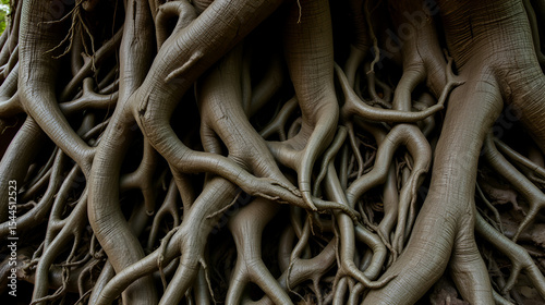 A close-up of gnarled tree roots twisted in an unsettling formation