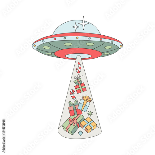 Retro Groovy Christmas in Outer Space Flying Saucer Beaming Up Christmas Presents Vector Illustration isolated on white. Perfect for festive cards, stickers, posters, social media graphics, and retro