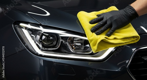 Car detailing Hand in black glove wiping car headlight with yellow microfiber cloth