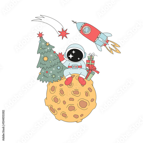 Retro Groovy Outer Space Christmas Vector Illustration of Astronaut Sitting on the Moon Under a Christmas Tree with Presents. Ideal for festive greeting cards, posters, wrapping paper, childrens books