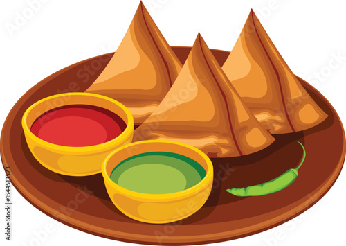 Indian Samosa Platter With Tomato Sauce and Coriander Chutney Vector Illustration
