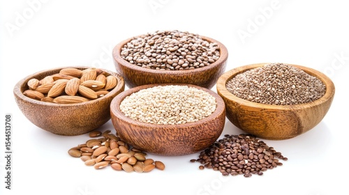 Four wooden bowls containing a variety of seeds and nuts, placed on a white surface.