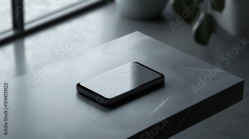 Modern smartphone placed on sleek black marble surface in bright minimalist workspace featuring natural light and greenery for contemporary lifestyle concept