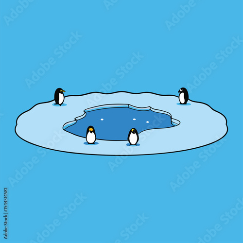 cartoon frozen lake with penguins.eps