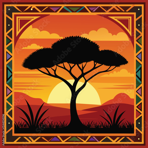 Vibrant African Savanna Sunset Illustration with Stylized Tribal Border and Lone Tree Silhouette
