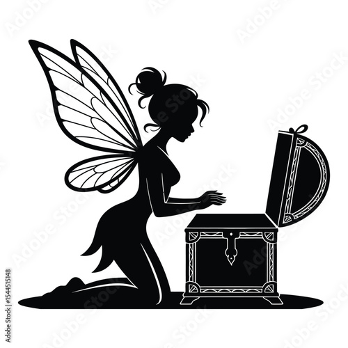 Fairy Guarding Treasure Chest Silhouette, Vector, Illustration, Outline, Logo, White Background.