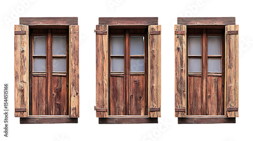 Pack Collection Rustic Wooden Windows Triptych of Antique Window Shutters set against transparent background