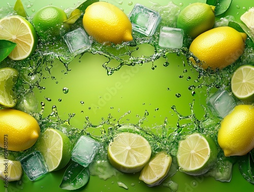 image with a border of lemons, limes, ice cubes, and tea splash on a green gradient background.
