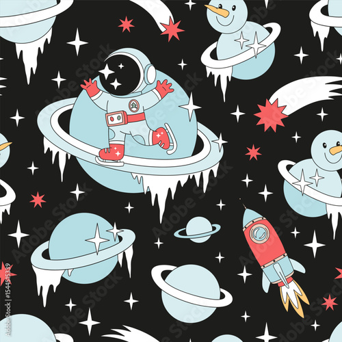 Retro Groovy Christmas in Outer Space Vector Seamless Pattern Astronaut Ice Skating on Saturn Rings, Snowman Saturn, Rockets, Comets. Perfect for holiday wrapping paper, greeting cards, festive
