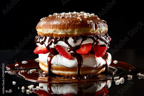 Creative dessert styled like a burger made with a donut bun, filled with whipped cream, fresh strawberries, and chocolate drizzle, on a black background