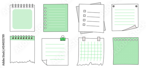Light green notebook elements for school and study design projects, including graphs and lists

