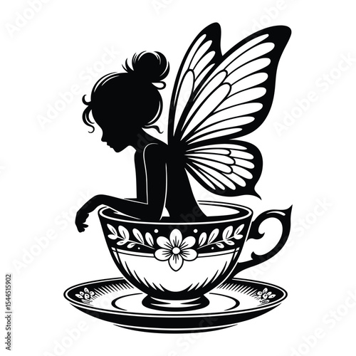 Fairy in Teacup Silhouette, Vector, Illustration, Icon, Logo, White Background.
