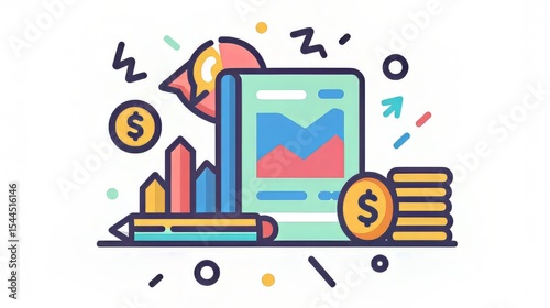 A colorful icon of a financial planner with a notebook and pen, symbolizing budgeting. Vector icon style, colorful icon, and cinematic photography