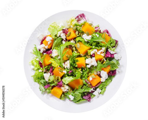 plate of salad with baked pumpkin, greens and cream cheese isolated on transparent background, top view