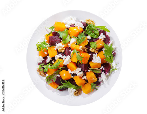 plate of salad with baked pumpkin, beetroot, greens and cream cheese isolated on transparent background, top view