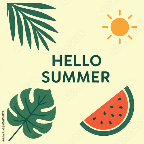 Hello Summer Design with Tropical Leaves, Sun, and Watermelon

