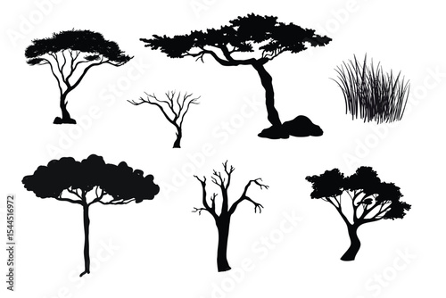 Collection of black silhouette trees and grass