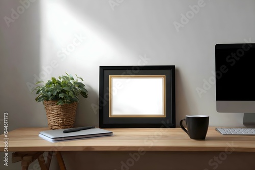 A desk with a black framed picture, a laptop, a keyboard, a mouse, a cup