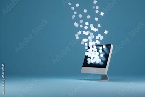 Minimalist computer with digital icons floating outward, clean bottom for notes.