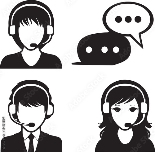 Call Center Support Icon Set with Headset Operators and Speech Bubbles. Vector illustration.