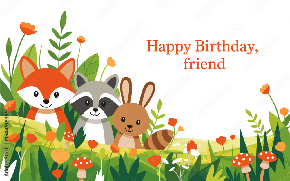 Naklejka premium “Happy Birthday Card with Woodland Animals – Fox, Raccoon, Bunny in Nature Setting”