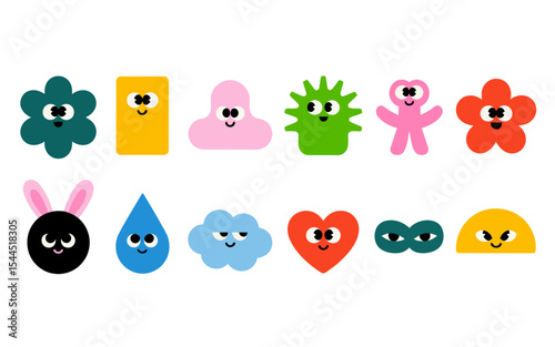 Whimsical Kawaii Icons Collection – Colorful Abstract Shapes with Playful Eye Designs