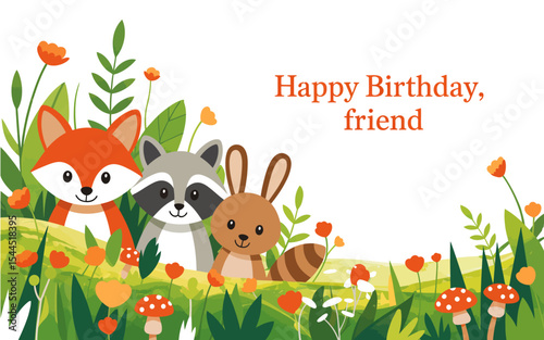 “Happy Birthday Card with Woodland Animals – Fox, Raccoon, Bunny in Nature Setting”