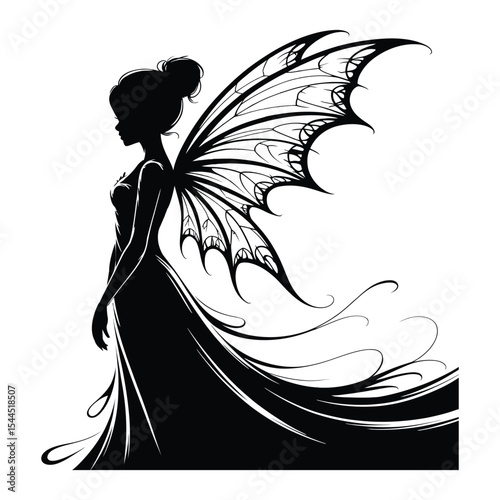 Gothic Fairy with Bat Wings Silhouette, Vector, Illustration, Icon, Logo, White Background.